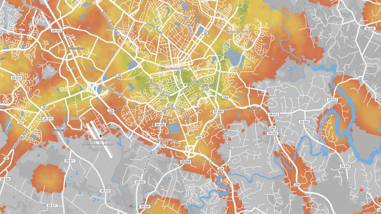 Bike Grade map of Manassas, VA