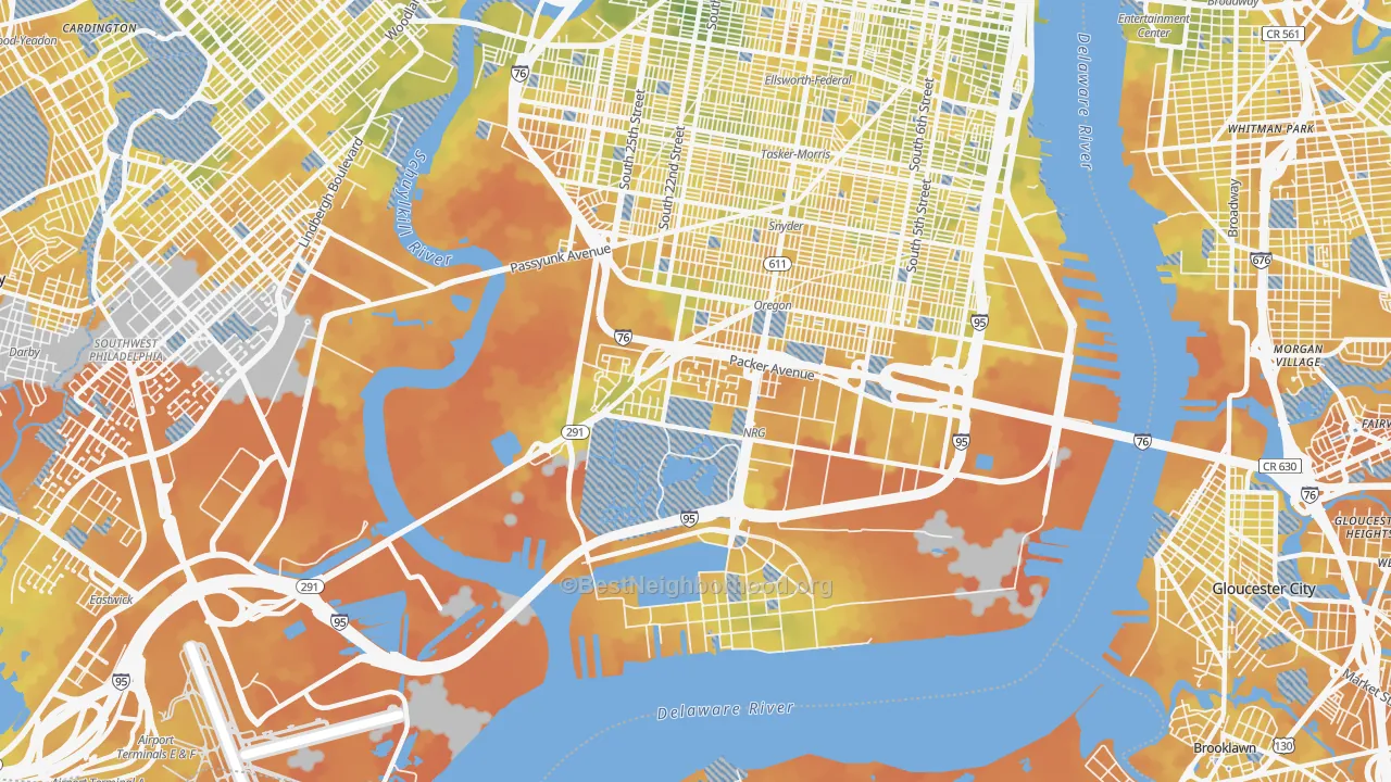 Bike Grade map of Marconi Plaza-Packer Park, Philadelphia, PA
