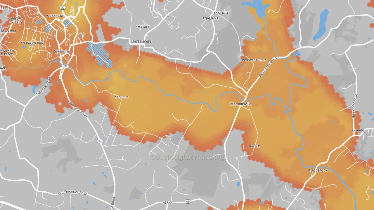 Bike Grade map of Marriottsville, MD