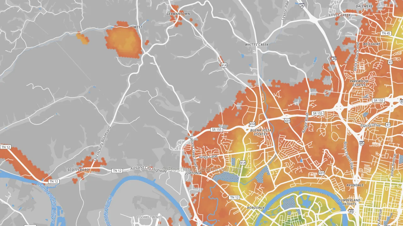 Bike Grade map of Marrowbone, Nashville, TN