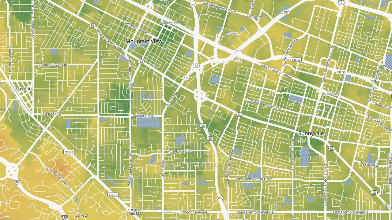 Bike Grade map of Martens-Carmelita, Mountain View, CA