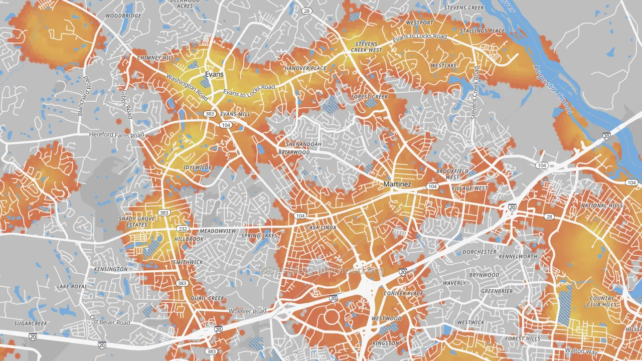 Bike Grade map of Martinez, GA