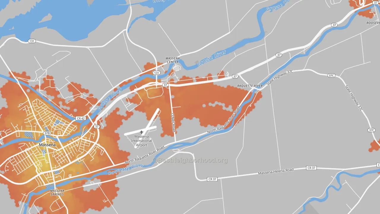 Bike Grade map of Massena Center, NY