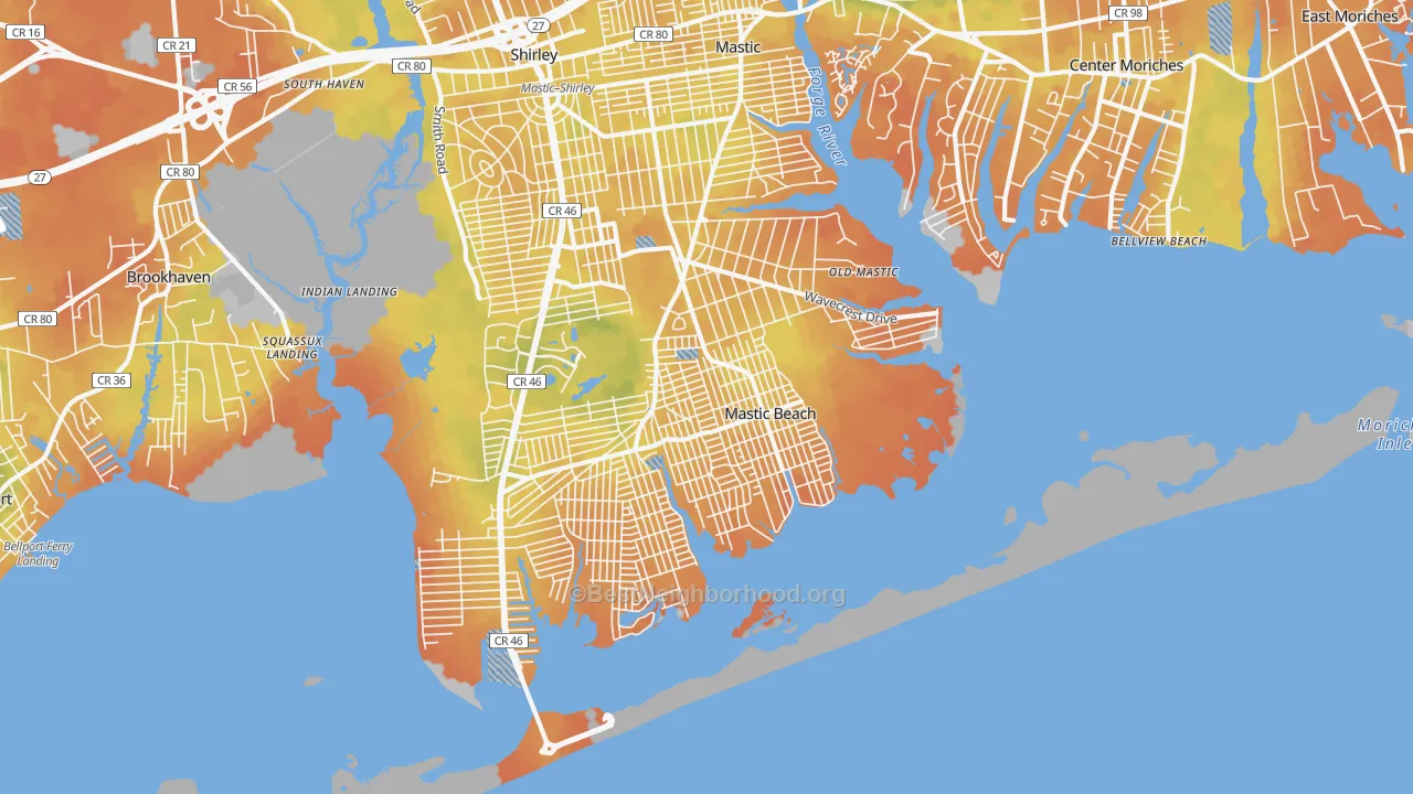 Bike Grade map of Mastic Beach, NY