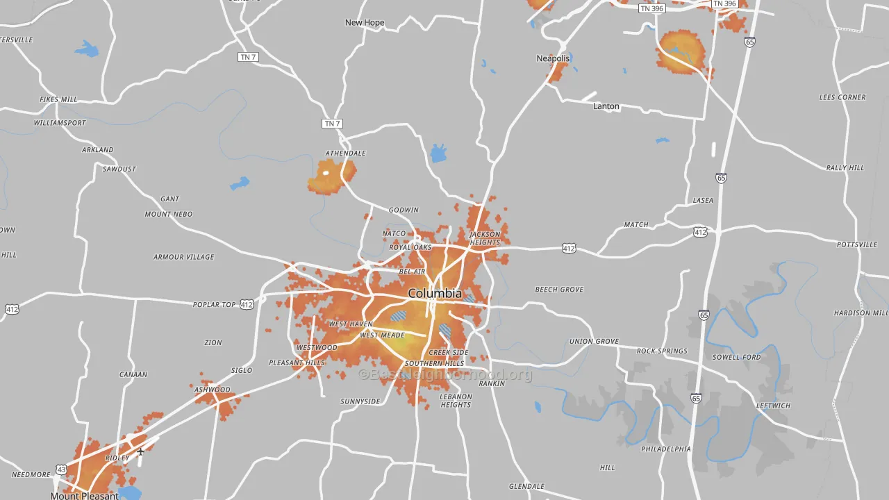 Bike Grade map of Maury County, TN