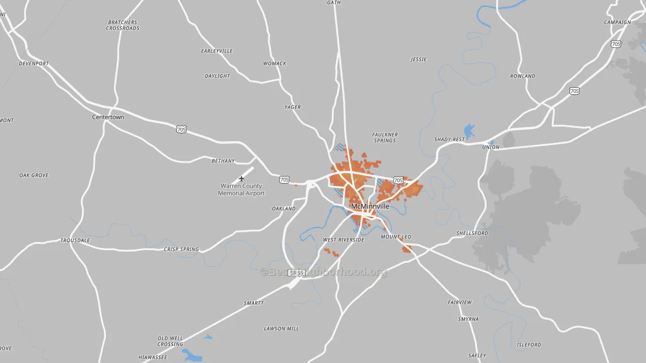 Bike Grade map of McMinnville, TN