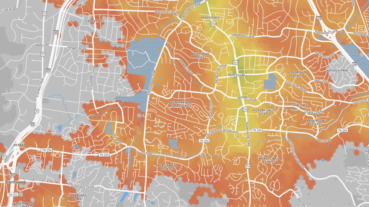 Bike Grade map of McMurray-Huntingdon, Nashville, TN