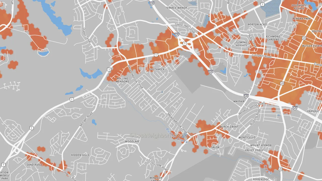 Bike Grade map of Meadowbrook, Augusta, GA