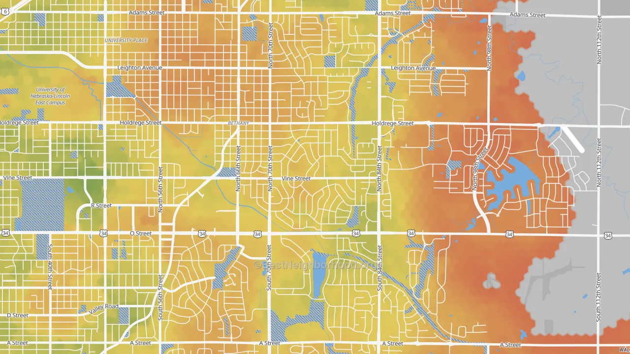 Bike Grade map of Meadowlane, Lincoln, NE