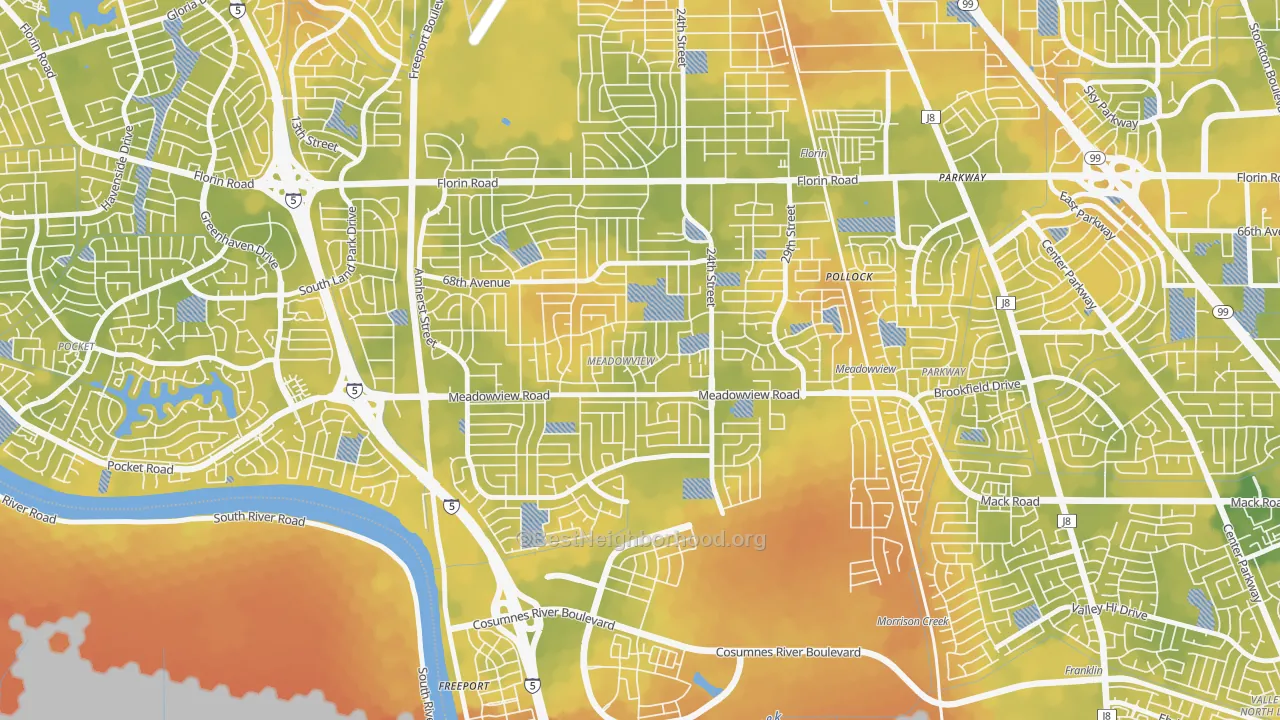 Bike Grade map of Meadowview, Sacramento, CA