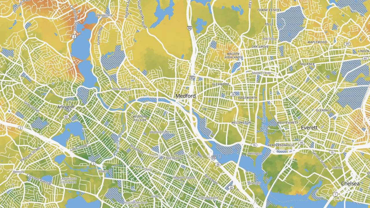 Bike Grade map of Medford, MA