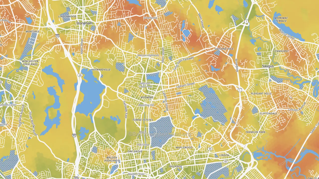 Bike Grade map of Melrose, MA