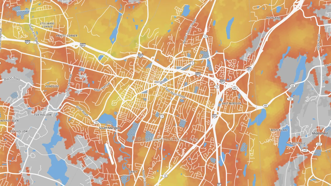Bike Grade map of Meriden, CT