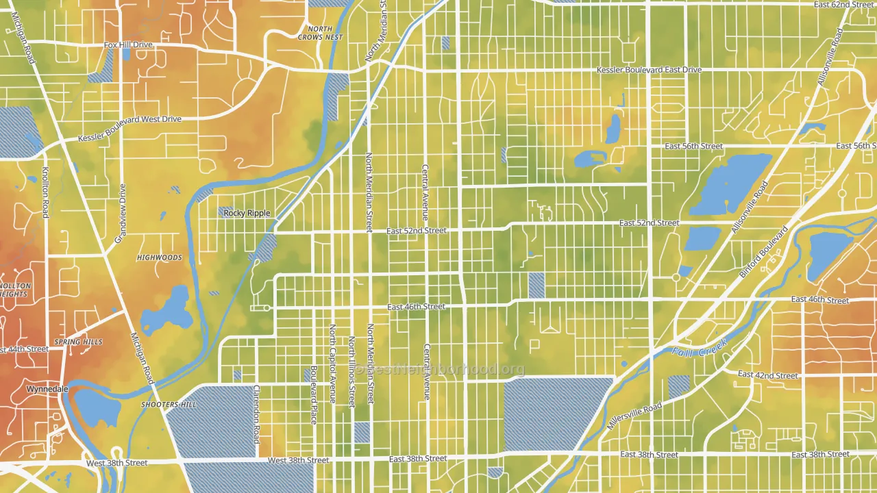 Bike Grade map of Meridian-Kessler, Indianapolis, IN