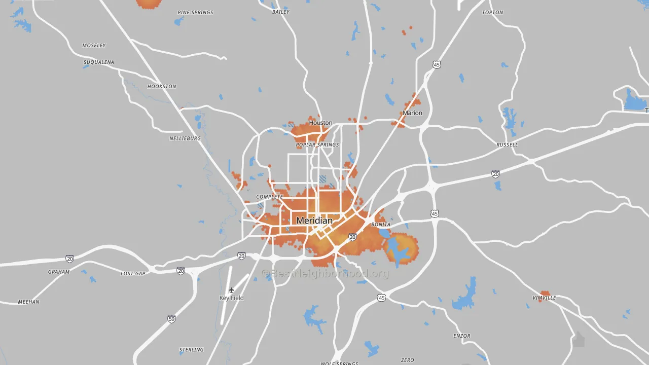 Bike Grade map of Meridian, MS