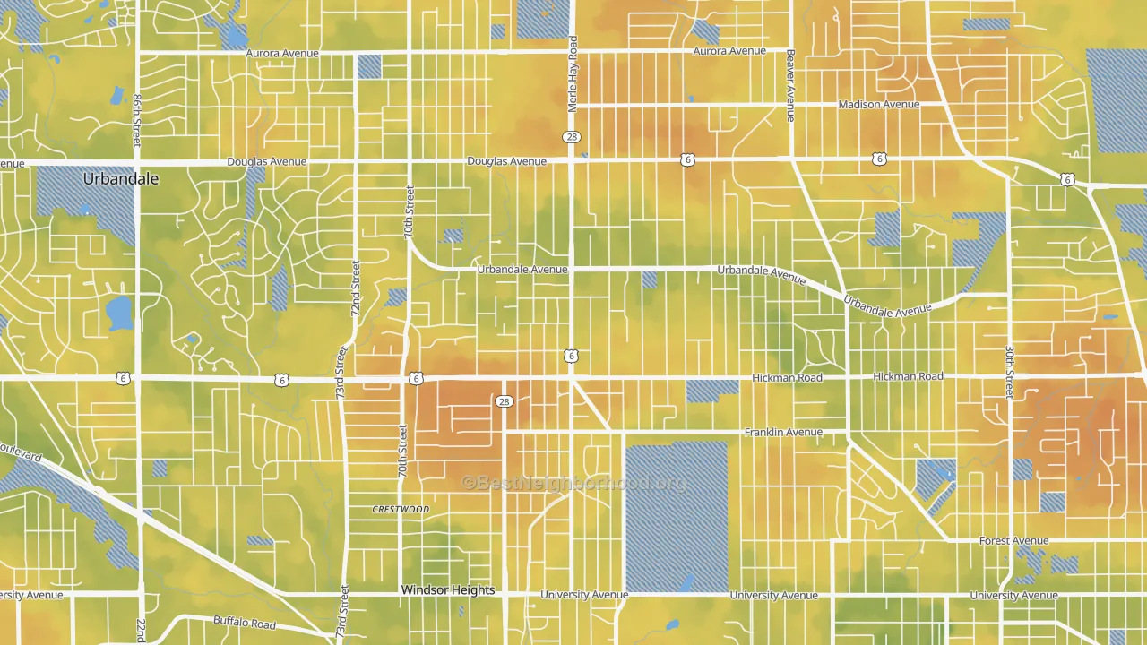 Bike Grade map of Merle Hay, Des Moines, IA