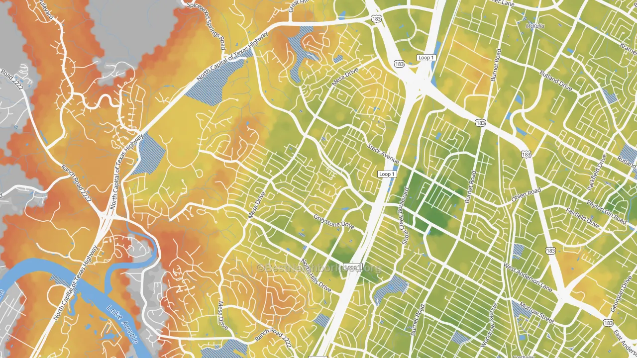 Bike Grade map of Mesa Forest, Austin, TX