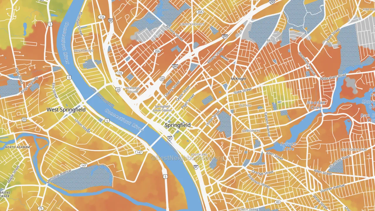 Bike Grade map of Metro Center, Springfield, MA