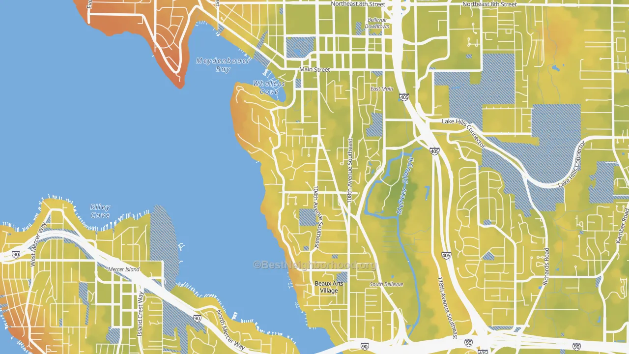 Bike Grade map of Meydenbauer, Bellevue, WA