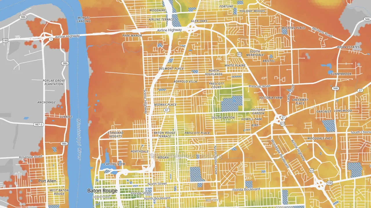 Bike Grade map of Mid City North, Baton Rouge, LA