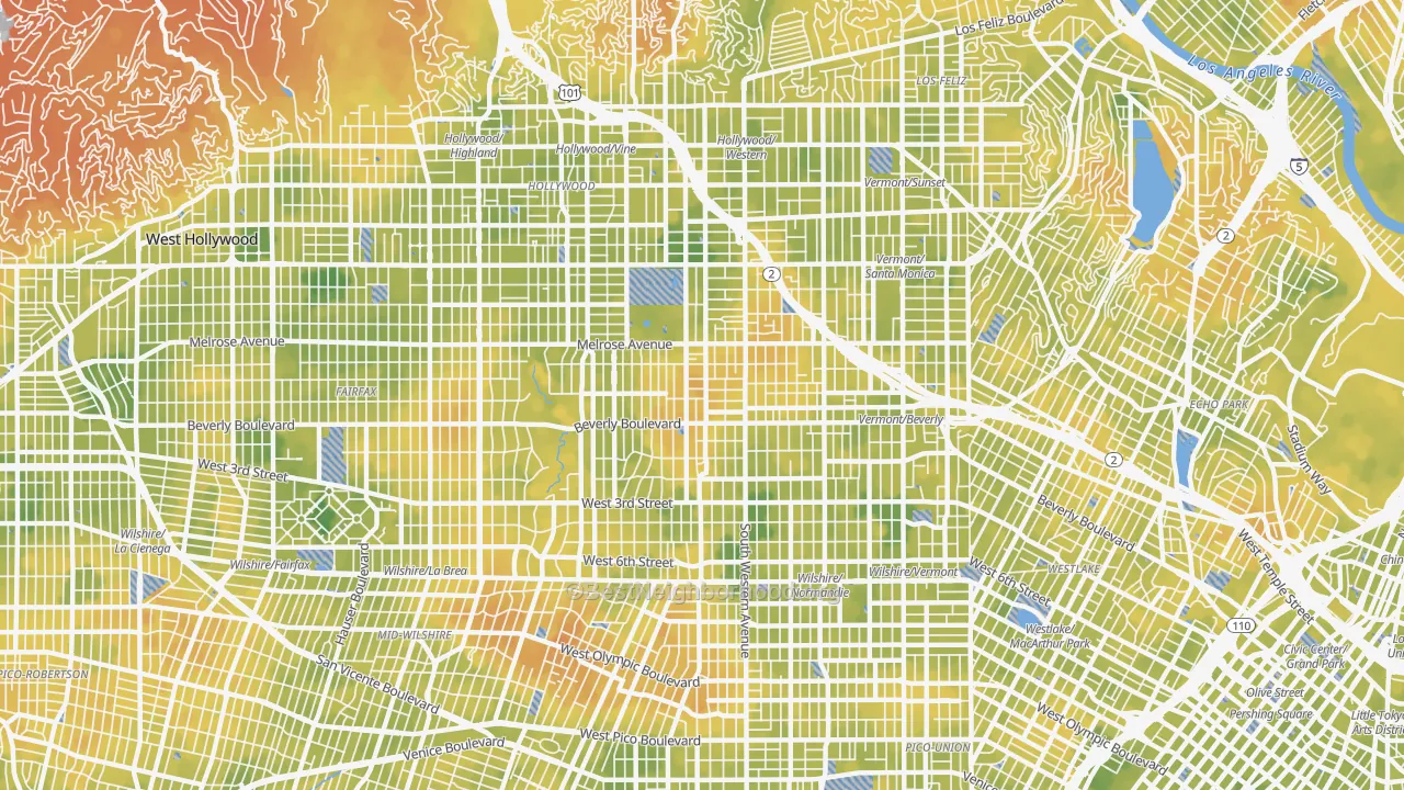 Bike Grade map of Mid Wilshire, Los Angeles, CA
