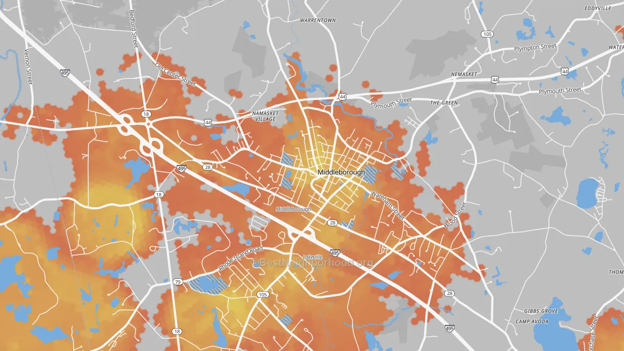 Bike Grade map of Middleborough Center, MA
