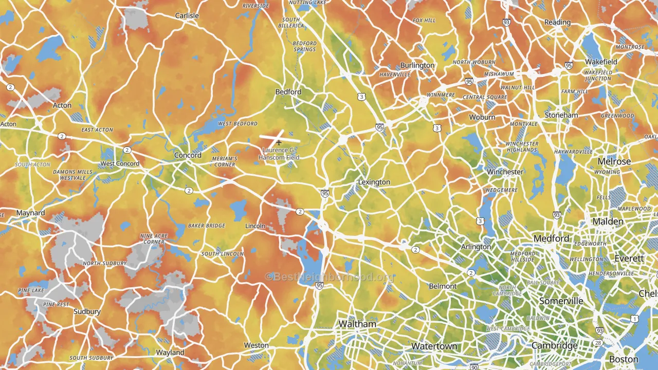 Bike Grade map of Middlesex County, MA