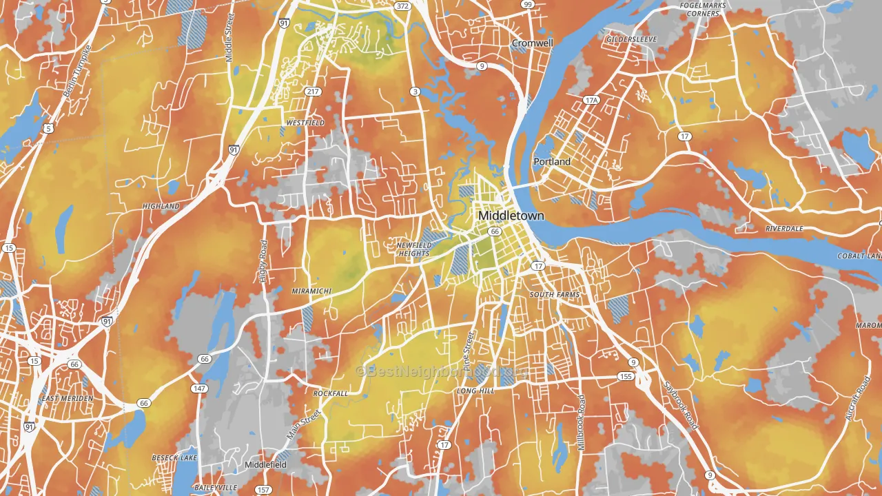 Bike Grade map of Middletown, CT