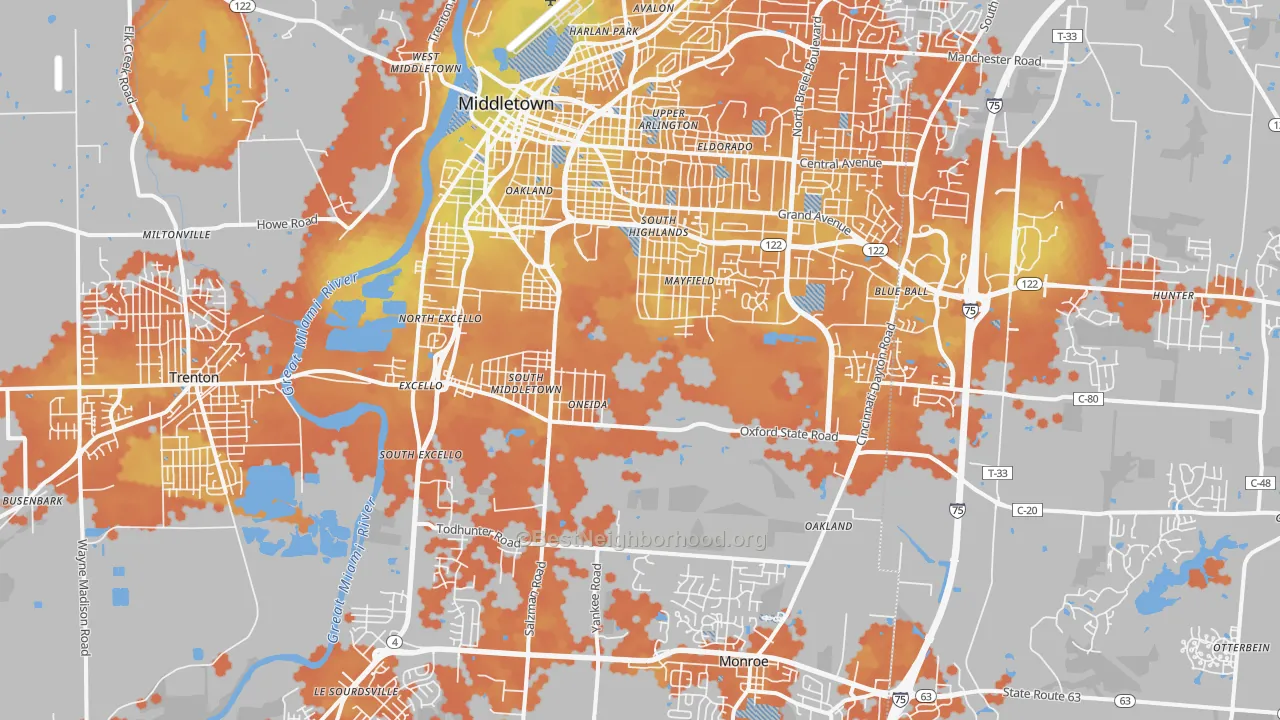 Bike Grade map of Middletown, OH
