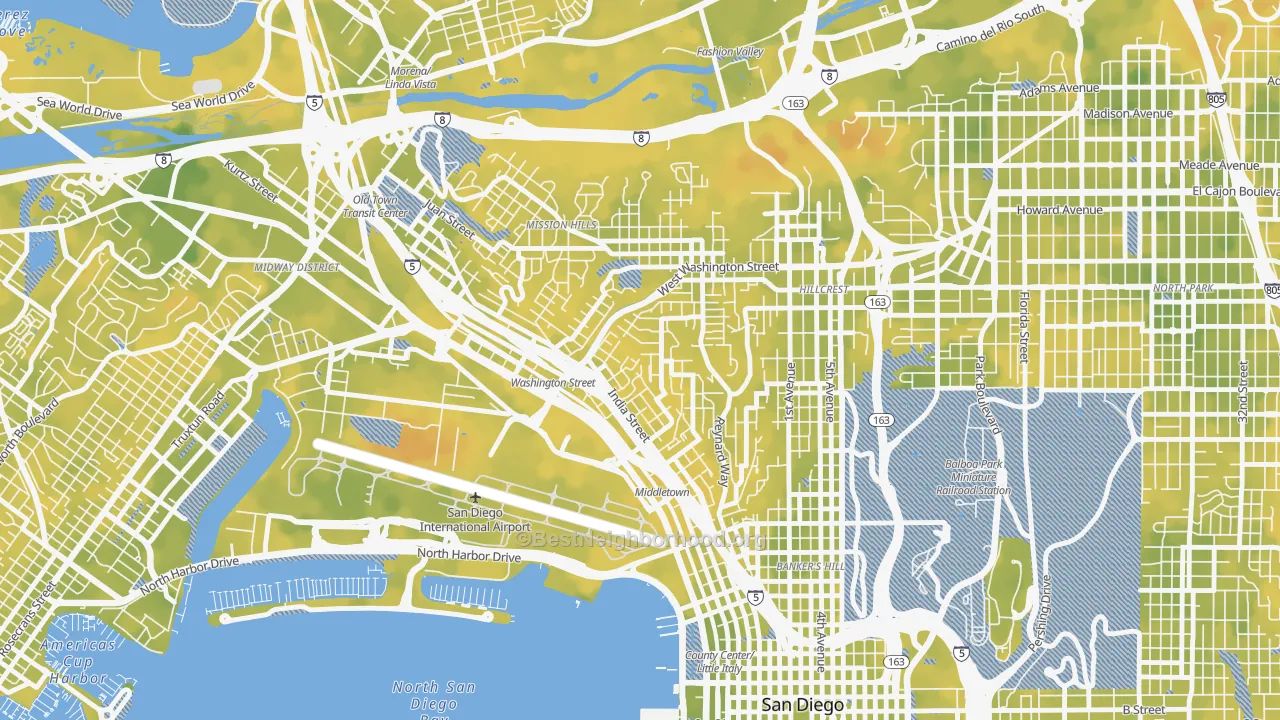 Bike Grade map of Middletown, San Diego, CA