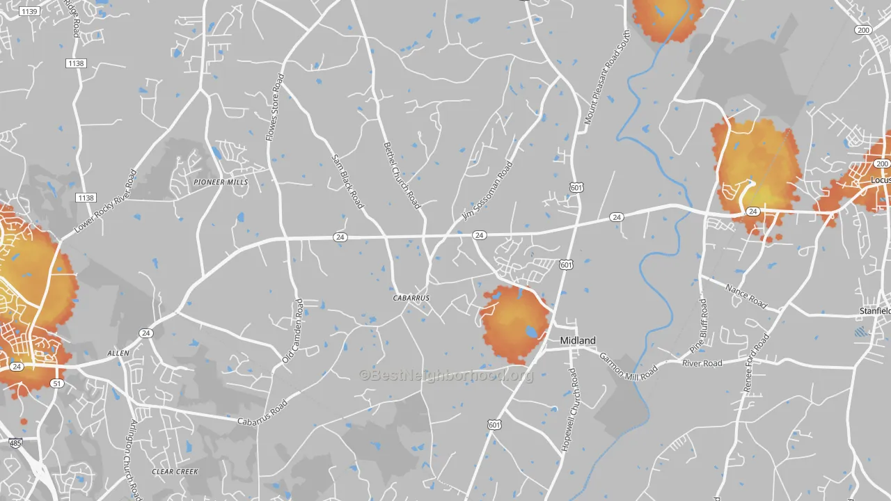 Bike Grade map of Midland, NC