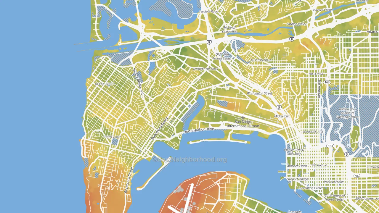 Bike Grade map of Midtown District, San Diego, CA