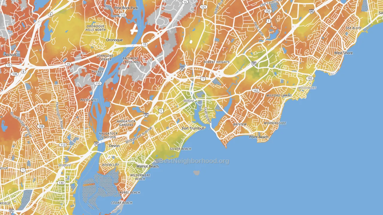 Bike Grade map of Milford, CT