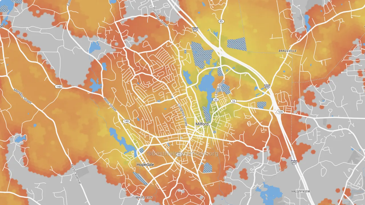 Bike Grade map of Milford, MA