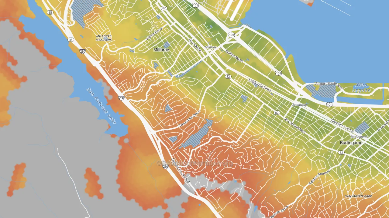 Bike Grade map of Mills Estates, Burlingame, CA