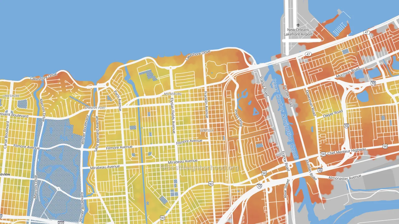 Bike Grade map of Milneburg, New Orleans, LA