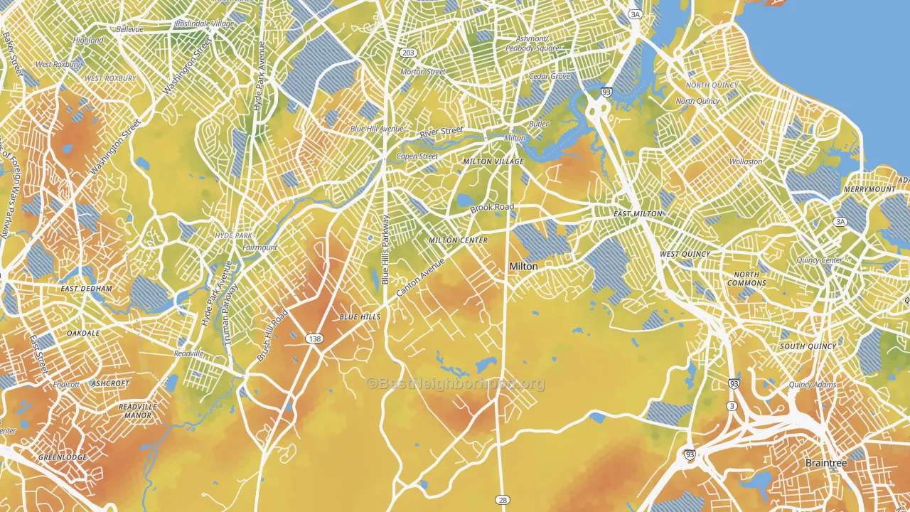 Bike Grade map of Milton, MA
