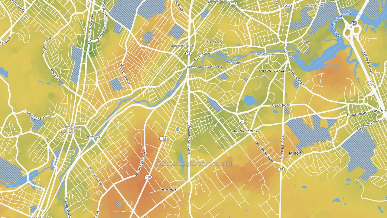 Bike Grade map of Milton Upper Mills, Milton, MA