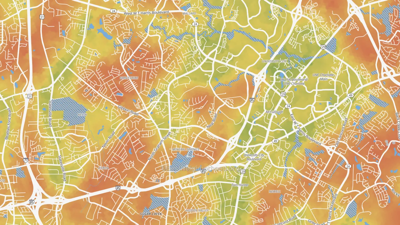 Bike Grade map of Mineral Springs-Rumble Road, Charlotte, NC