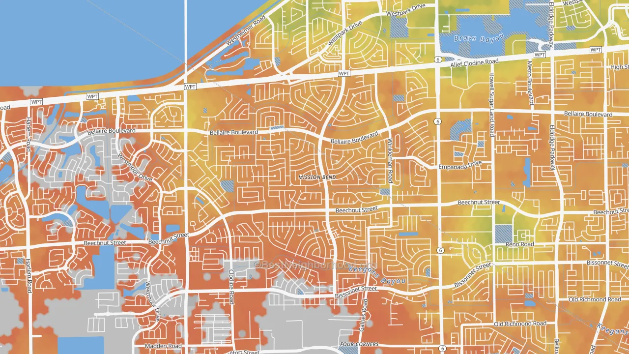 Bike Grade map of Mission Bend, TX