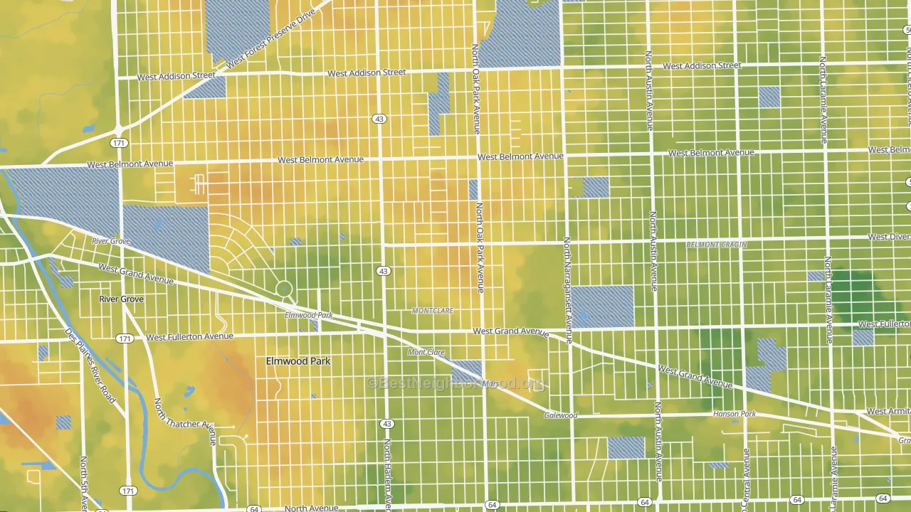 Bike Grade map of Montclare, Elmwood Park, IL