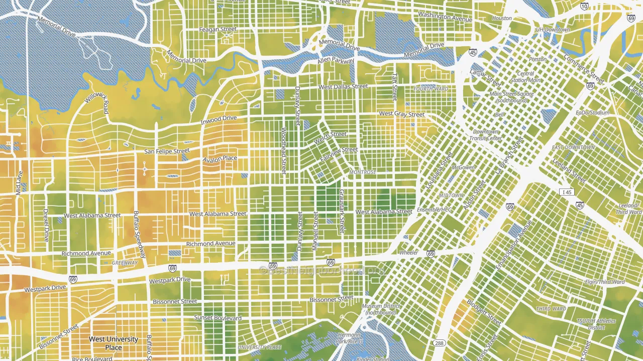 Bike Grade map of Montrose, Houston, TX