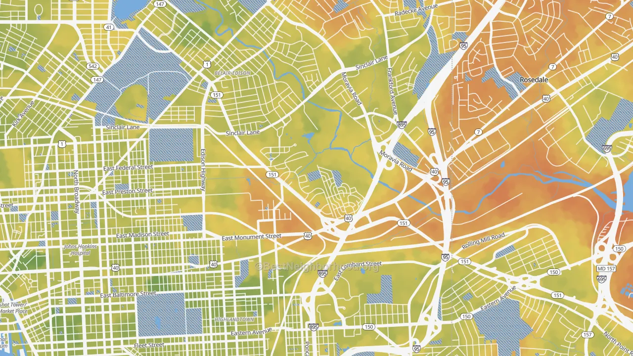 Bike Grade map of Monument Street, Baltimore, MD