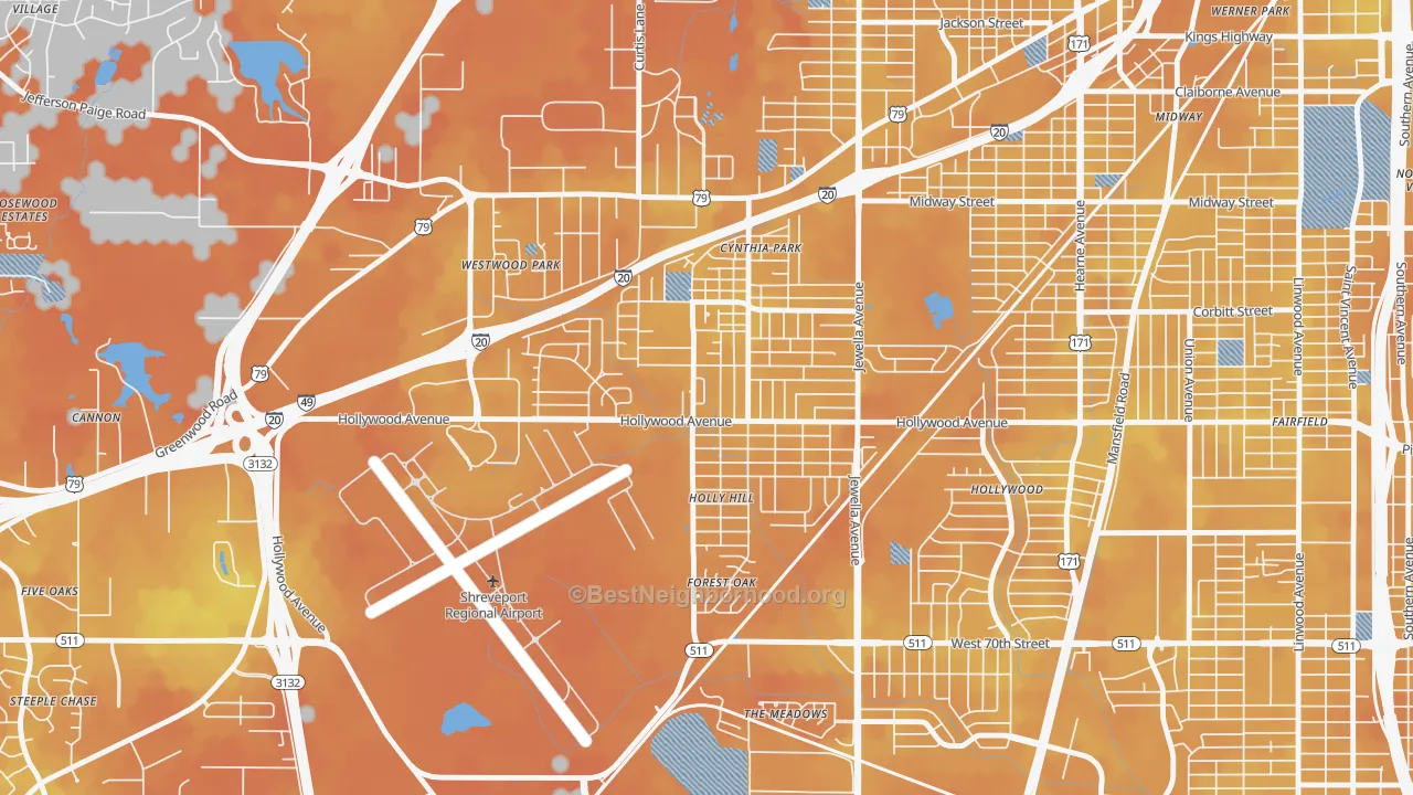 Bike Grade map of Mooretown and Hollywood Heights, Shreveport, LA
