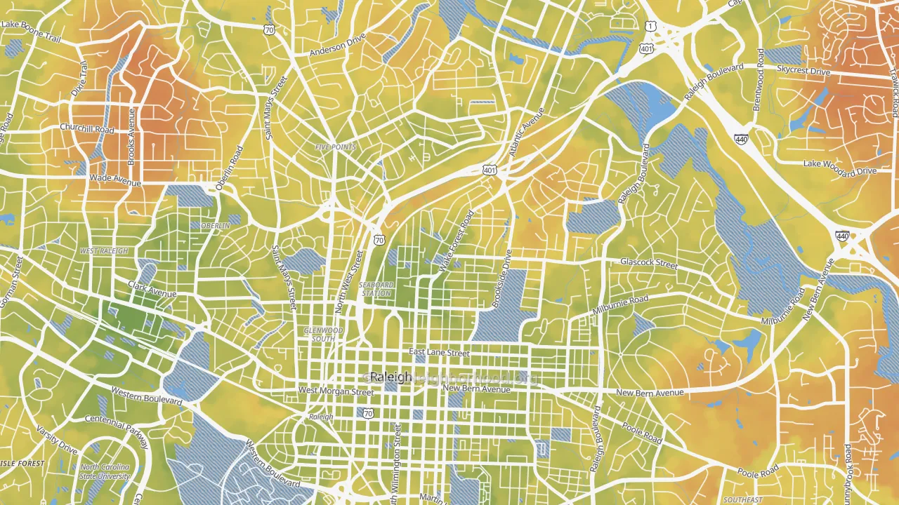Bike Grade map of Mordecai, Raleigh, NC