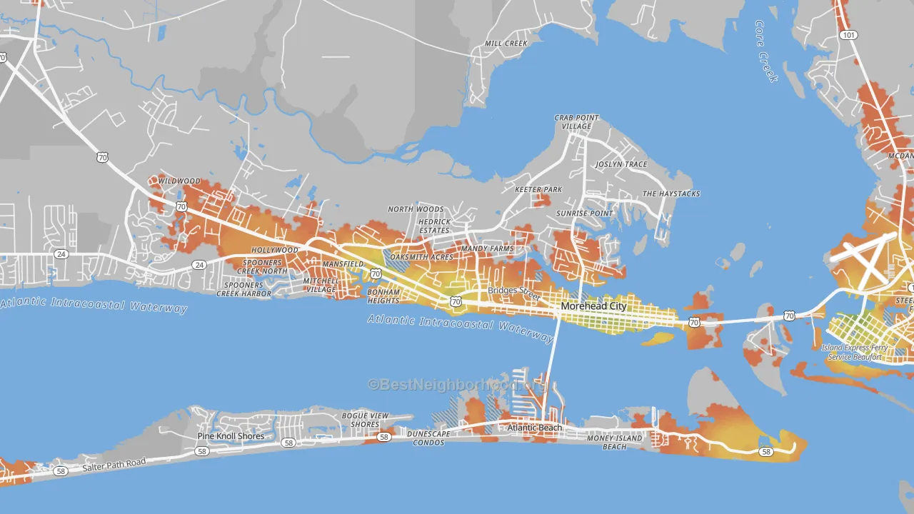 Bike Grade map of Morehead City, NC