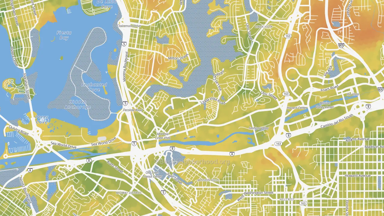Bike Grade map of Moreno Mission, San Diego, CA