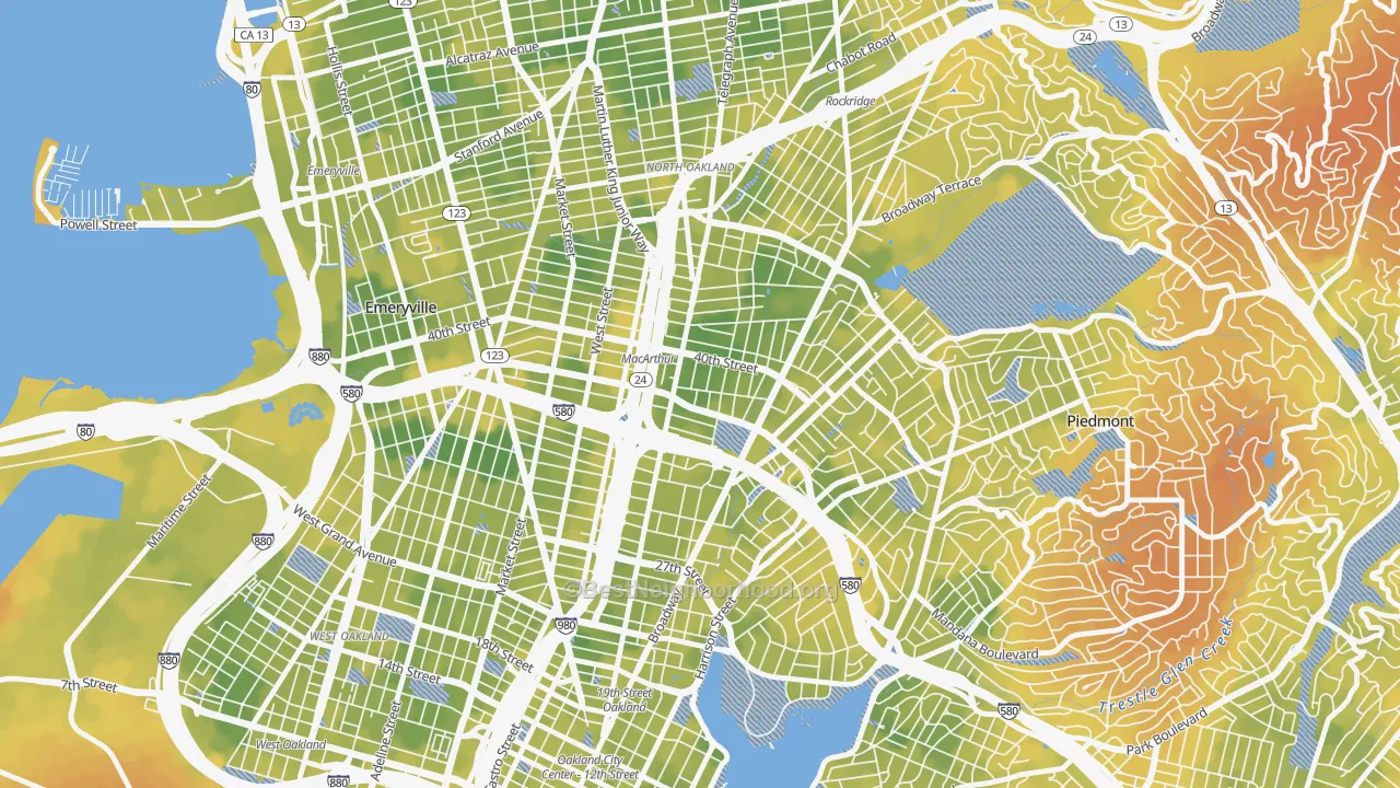 Bike Grade map of Mosswood, Oakland, CA