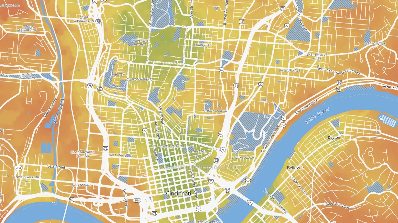 Bike Grade map of Mount Auburn, Cincinnati, OH