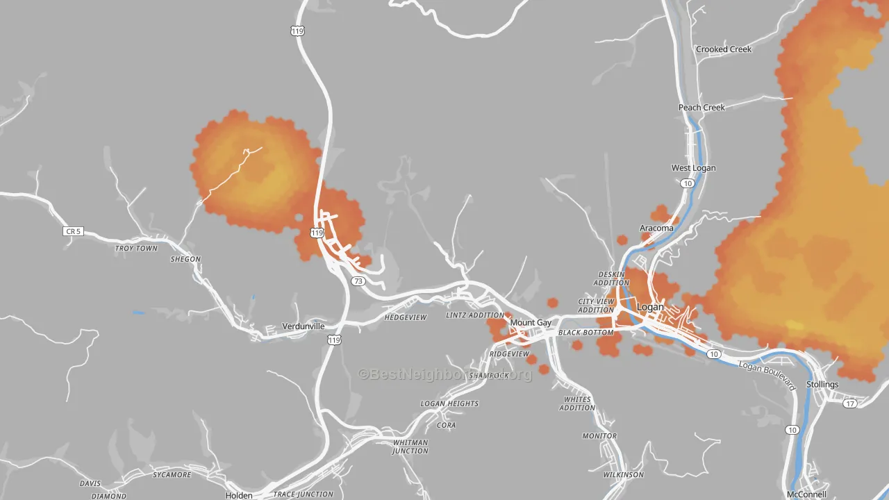 Bike Grade map of Mount Gay, WV